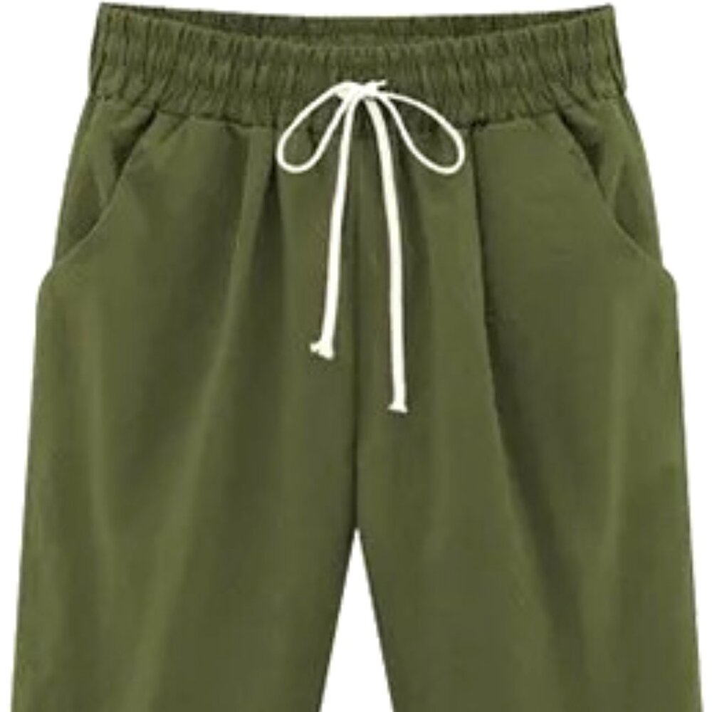 SIZE XS 100% COTTON KNEE LENGTH ELASTIC WAIST CORD TIE ARMY GREEN CUFF SHORTS